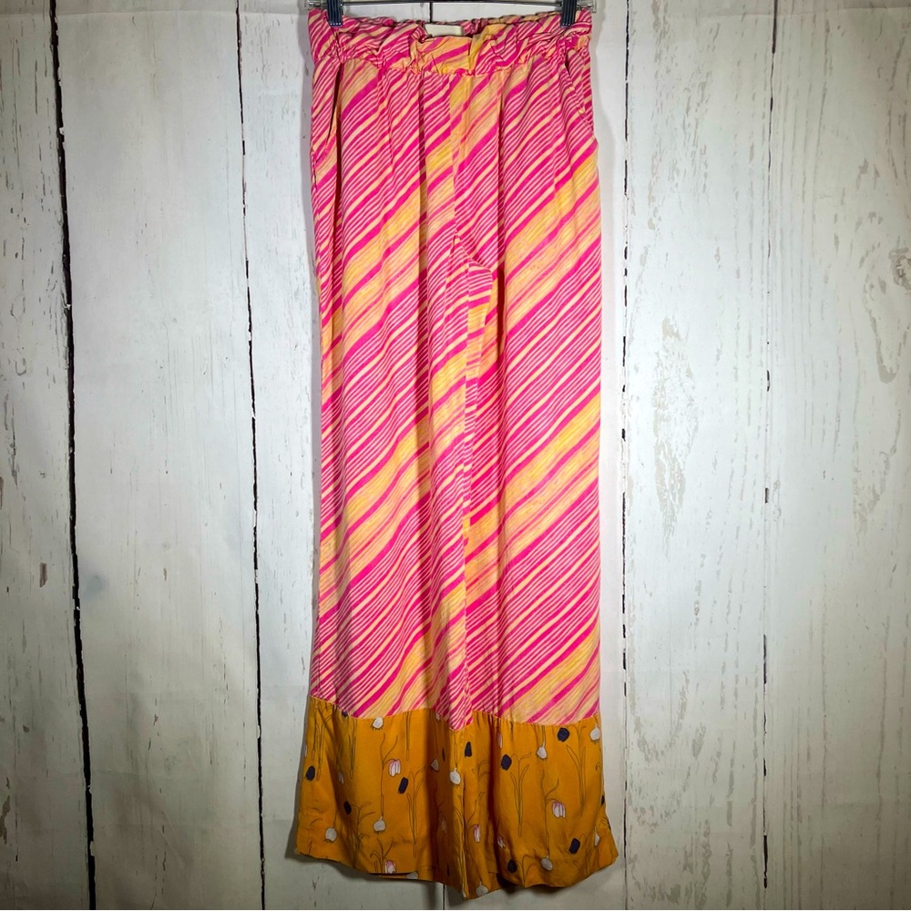 Anthropologie Elevenses Boho Striped Floral Wide Leg Lightweight Pants MEDIUM